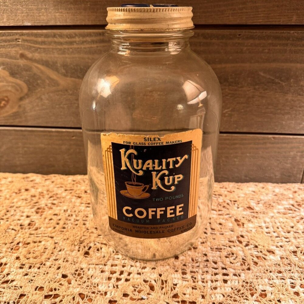 Vintage 1940s KUALITY KUP GRAPHIC COFFEE JAR 2 POUND EMPORIA KANSAS